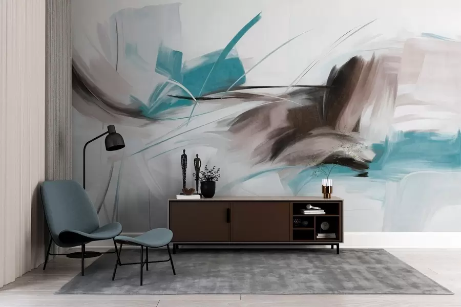 zidne murale Apstraktni stil slikanja sa smeđim i plavim teksturiranim potezima kista w09755v1