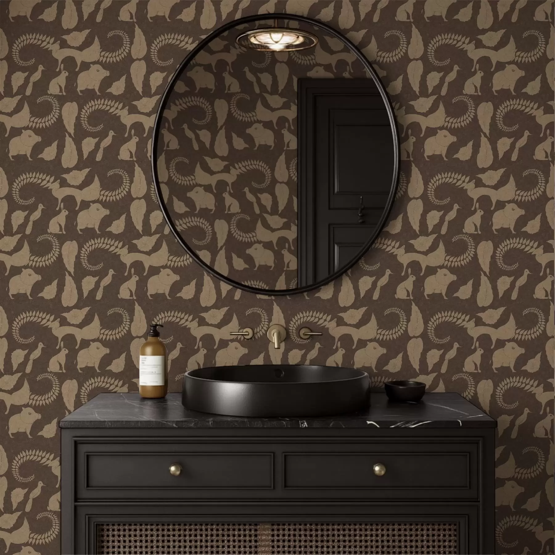 zidne murale Šumski uzorak sa životinjama na smeđoj pozadini a01121