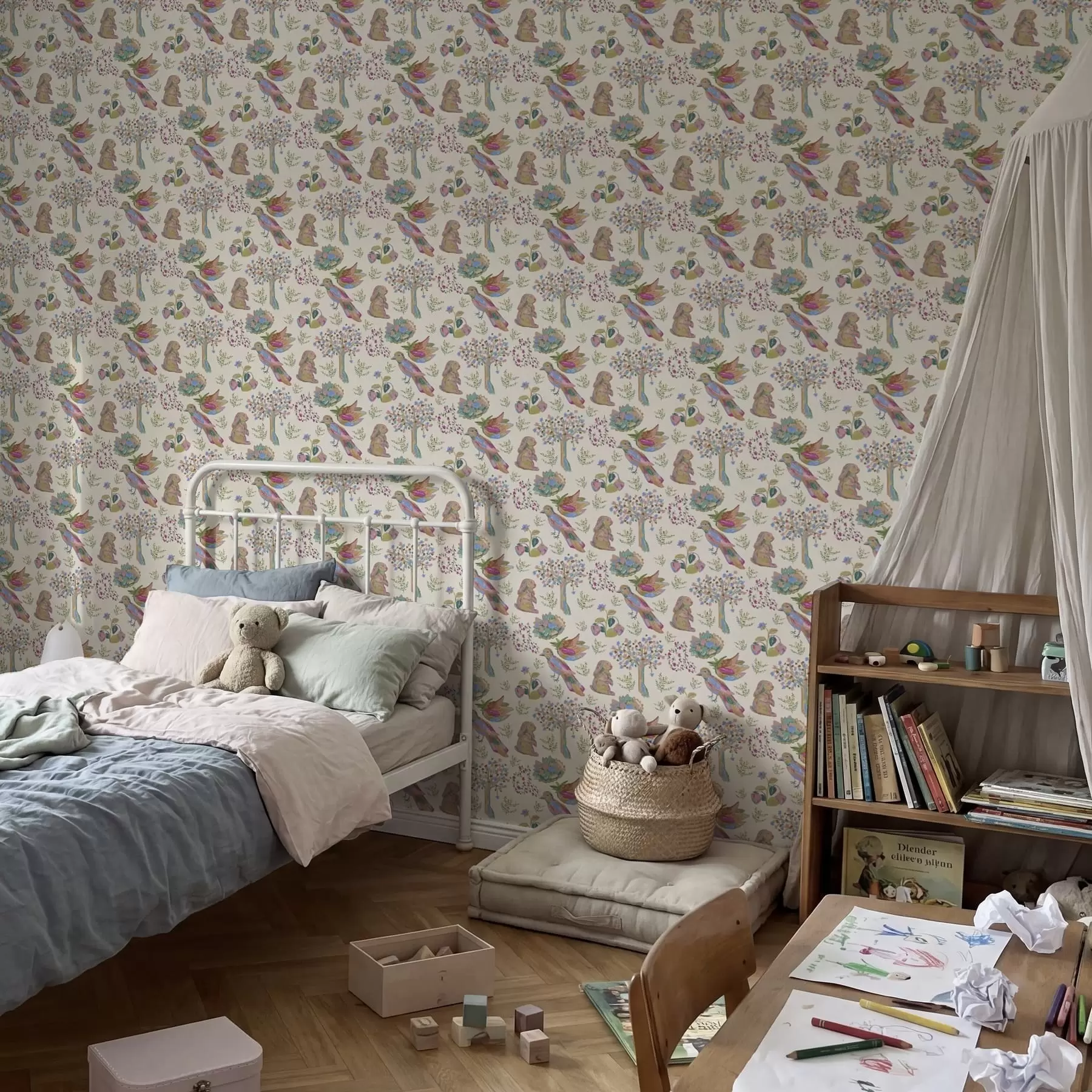 zidne murale Šareni dječji uzorak s pticama i zečevima a01127