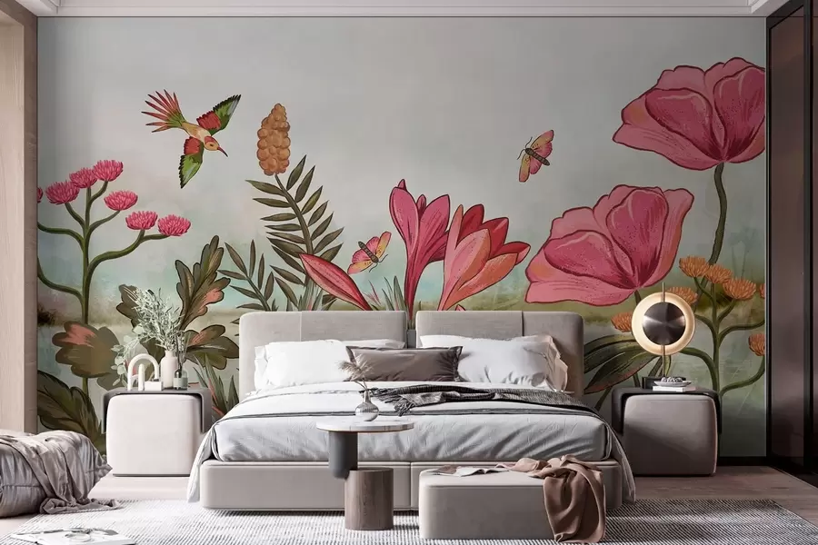 zidne murale Svijetle cvjetove s pticama i leptirima w05321