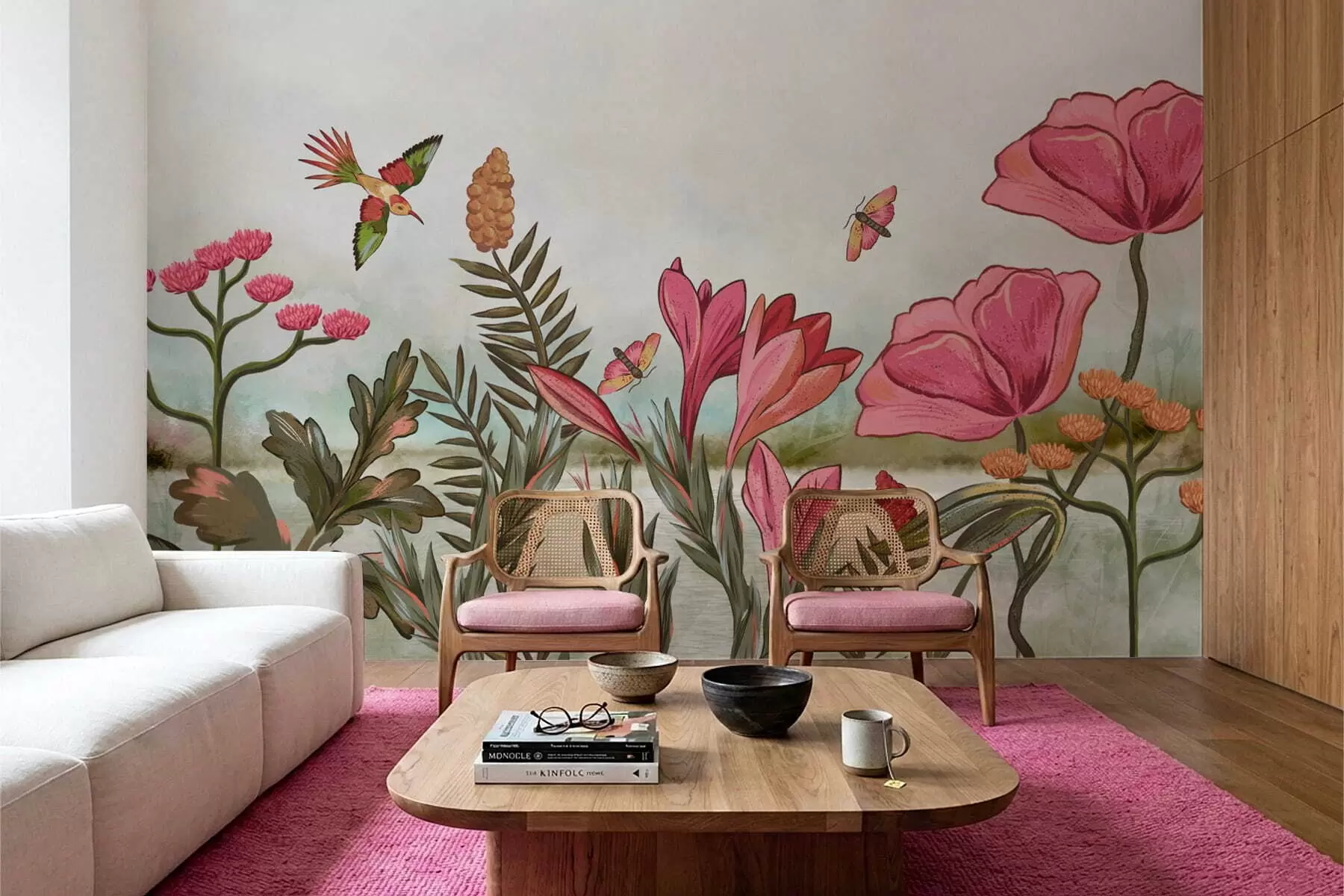 zidne murale Svijetle cvjetove s pticama i leptirima w05321