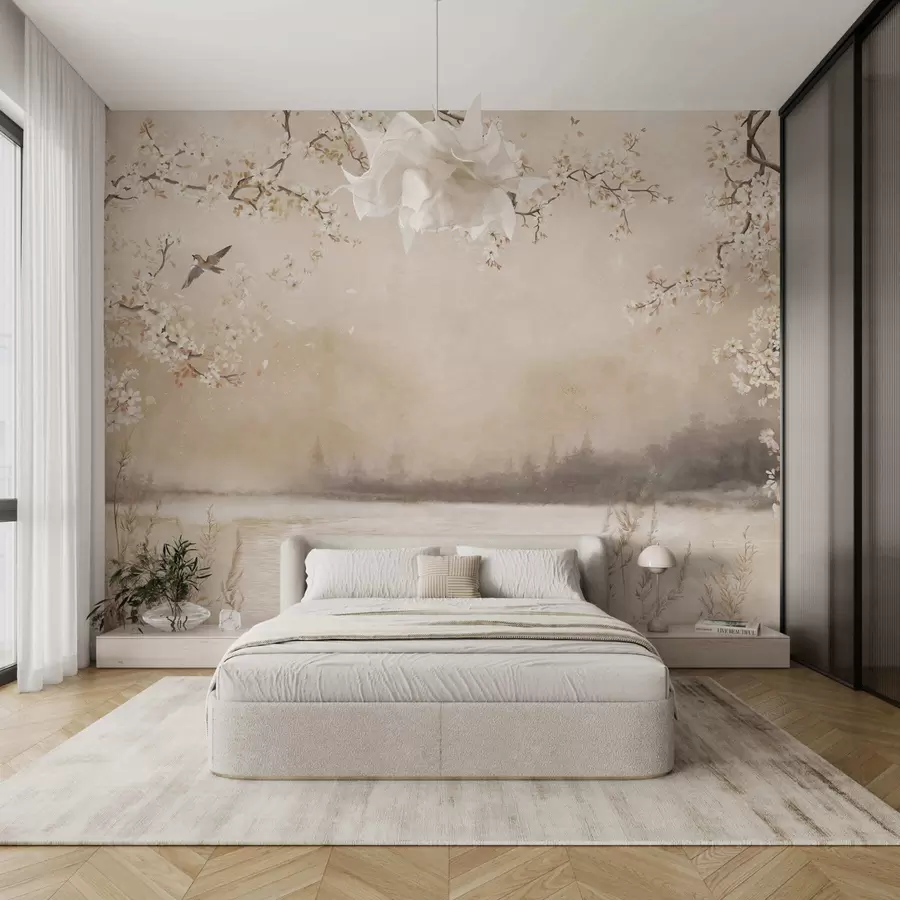 zidne murale Nježne cvjetajuće grane uz jezero s pticama u laganoj magli w05155