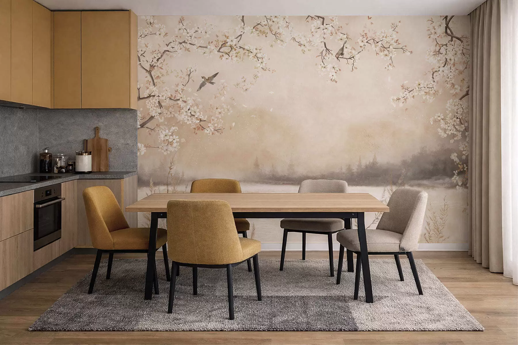 zidne murale Nježne cvjetajuće grane uz jezero s pticama u laganoj magli w05155