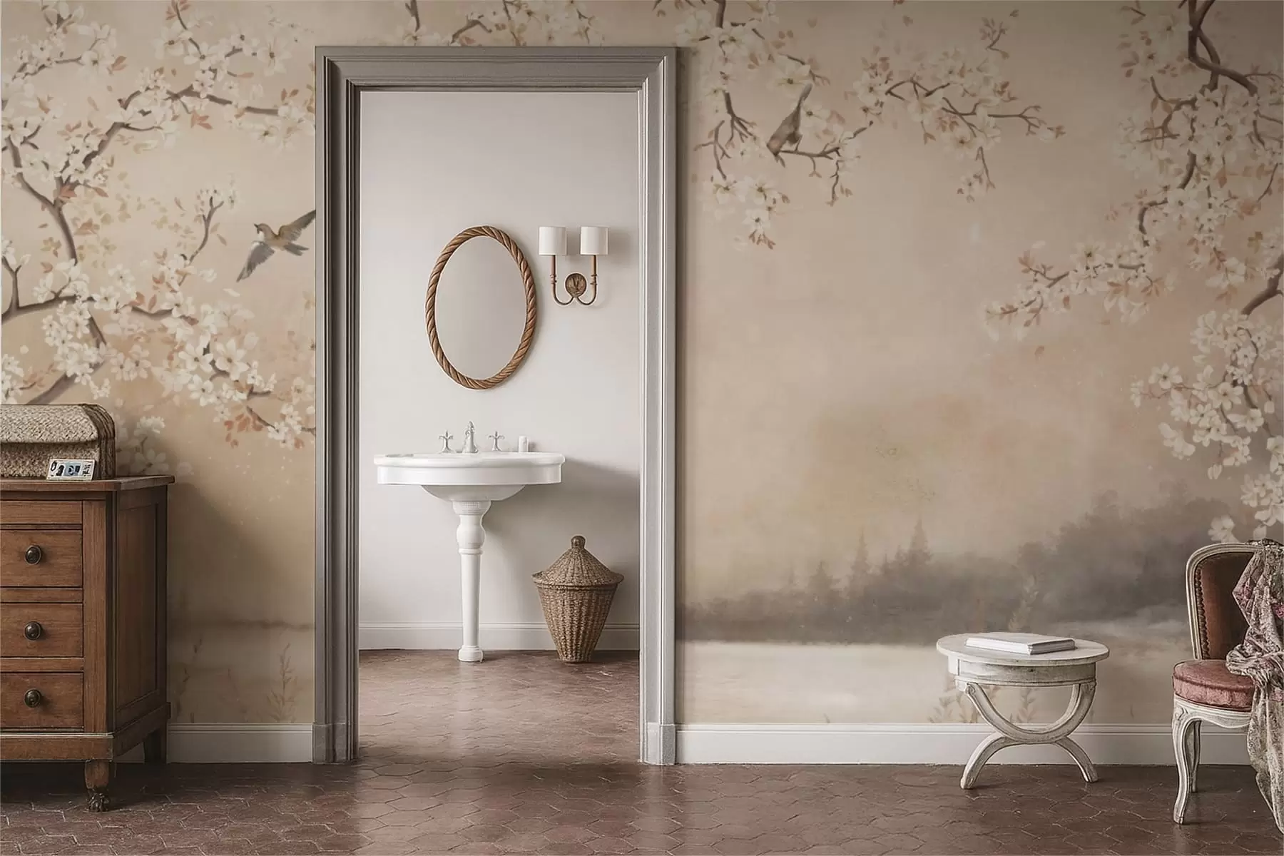 zidne murale Nježne cvjetajuće grane uz jezero s pticama u laganoj magli w05155