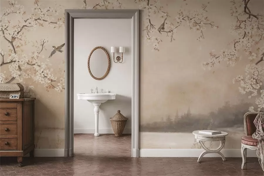 zidne murale Nježne cvjetajuće grane uz jezero s pticama u laganoj magli w05155