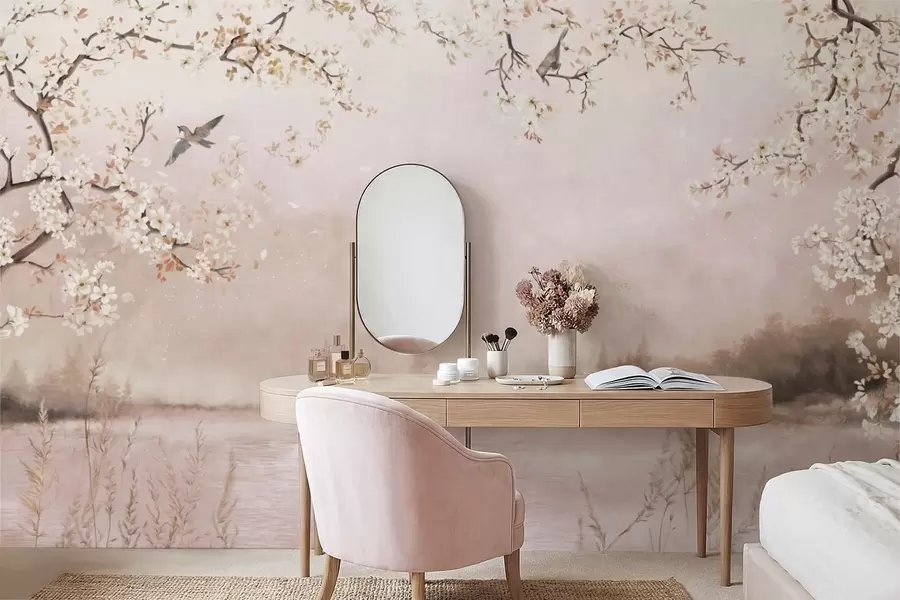 zidne murale Cvjetajuće grane iznad mirnog jezera s pticama u magli w05155v1