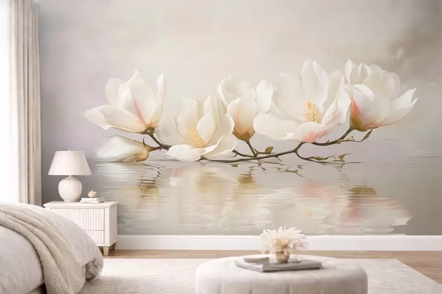 zidne murale Svijetli cvjetovi magnolije na grani iznad odraza u vodi w05353