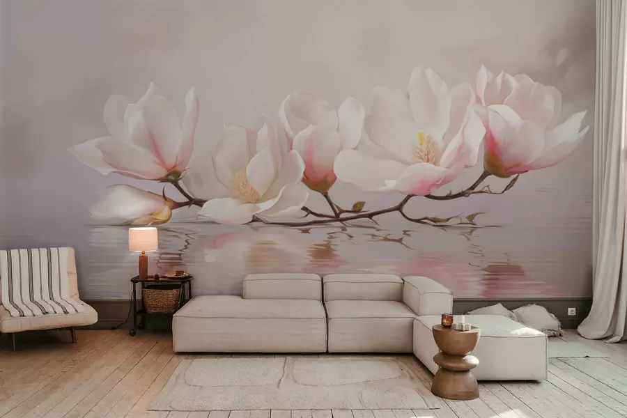 zidne murale Grana magnolije s cvjetovima iznad odraza u mirnoj vodi w05353v1