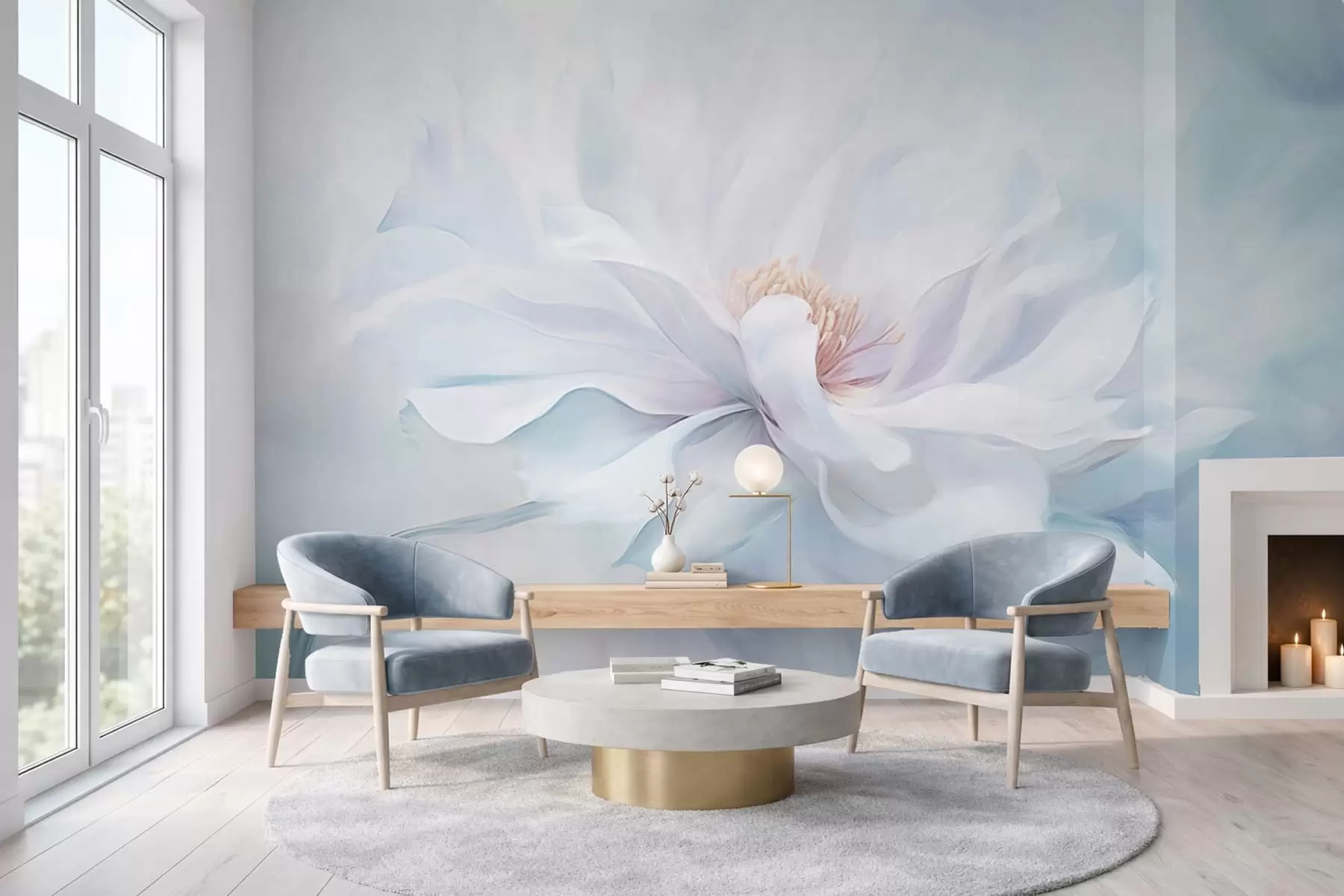 zidne murale Nježni bijeli cvijet s tekućim laticama na plavoj pozadini w05354