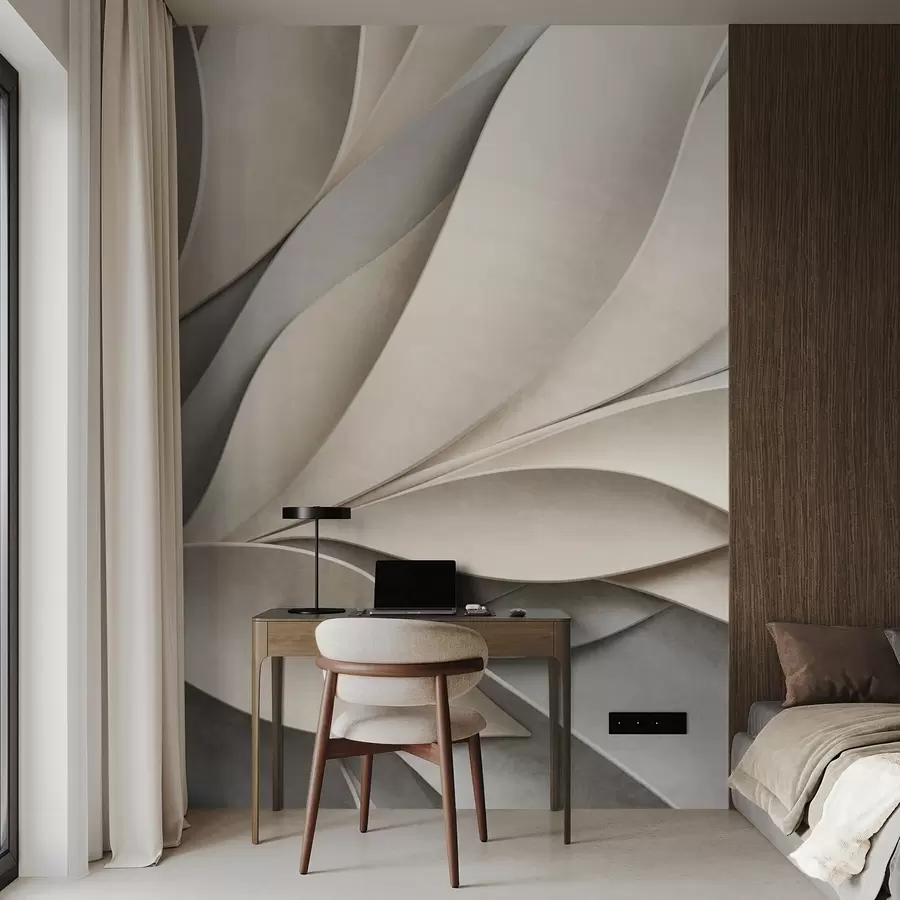 zidne murale Apstraktno lišće u bež i sivoj boji, teksturirana moderna umjetnost w09769