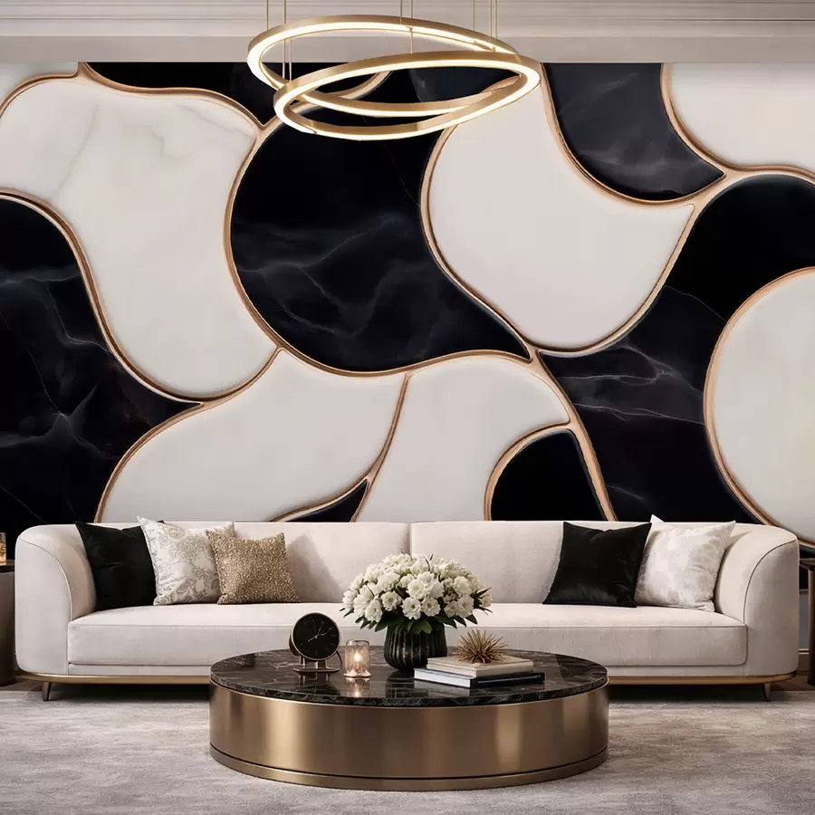 zidne murale Apstraktna imitacija mramorne kompozicije u crno-bijelim tonovima sa žutim linijama w09733