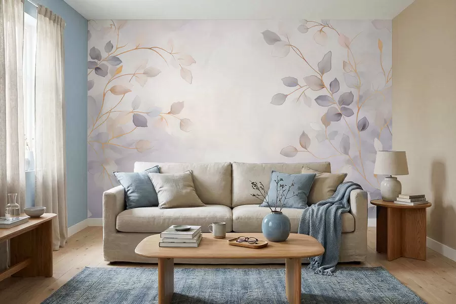 zidne murale Nježne lisnate grane na mekoj zamućenoj pozadini w05296