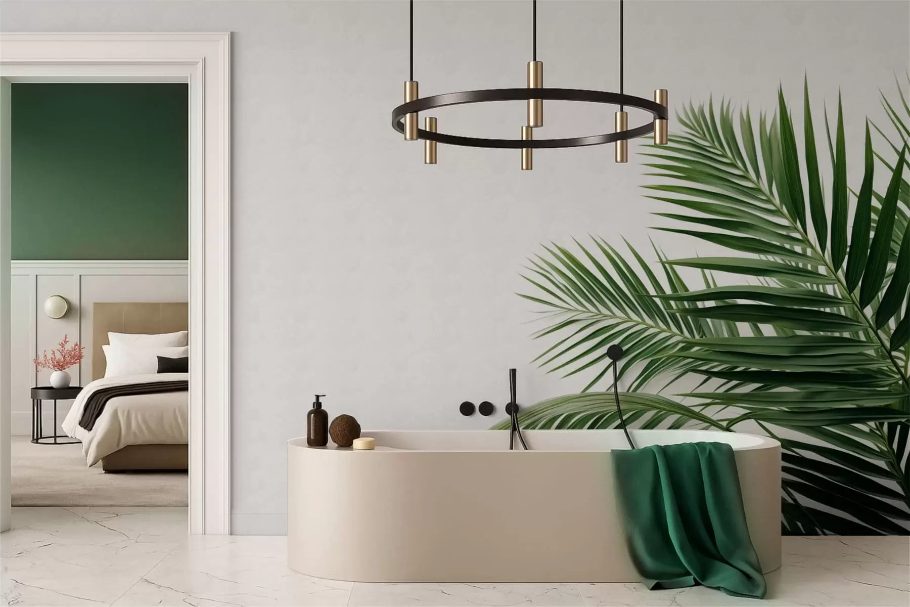 zidne murale Zeleno palmino lišće na svijetloj pozadini w05391