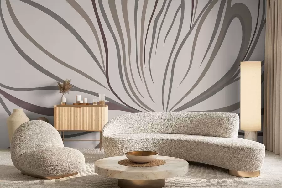 zidne murale Apstraktni cvijet s linijama u sivim i ružičastim tonovima w05392