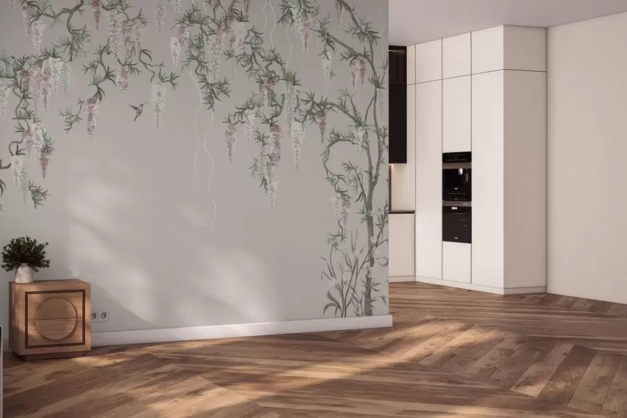 zidne murale Cvjetne grane s ružičastim cvjetovima i pticama w05394v1