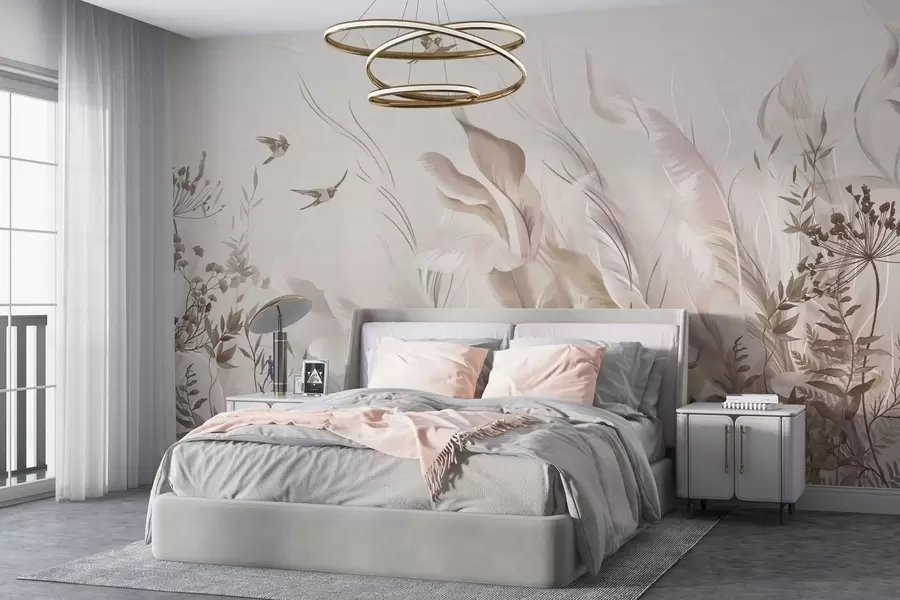 zidne murale Meko perje, trave i ptice u svijetlim tonovima w05395