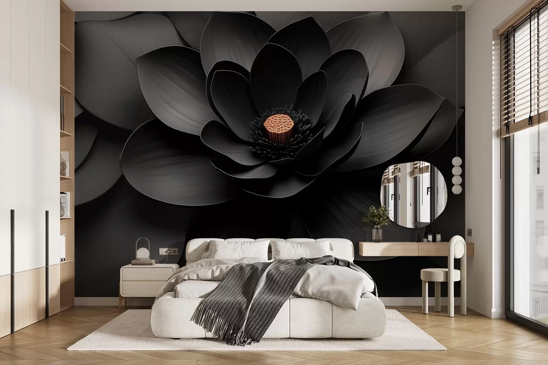 zidne murale Minimalistički crni cvijet s laticama i kontrastnim toplim središtem w09721