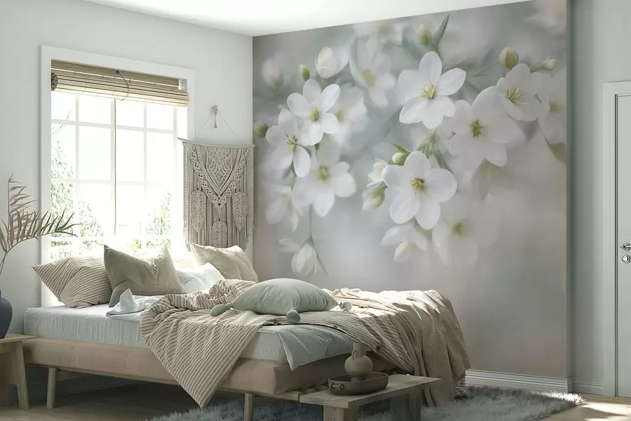 zidne murale Nježno teksturirano bijelo cvijeće nježno zamućeno u pozadini w09759