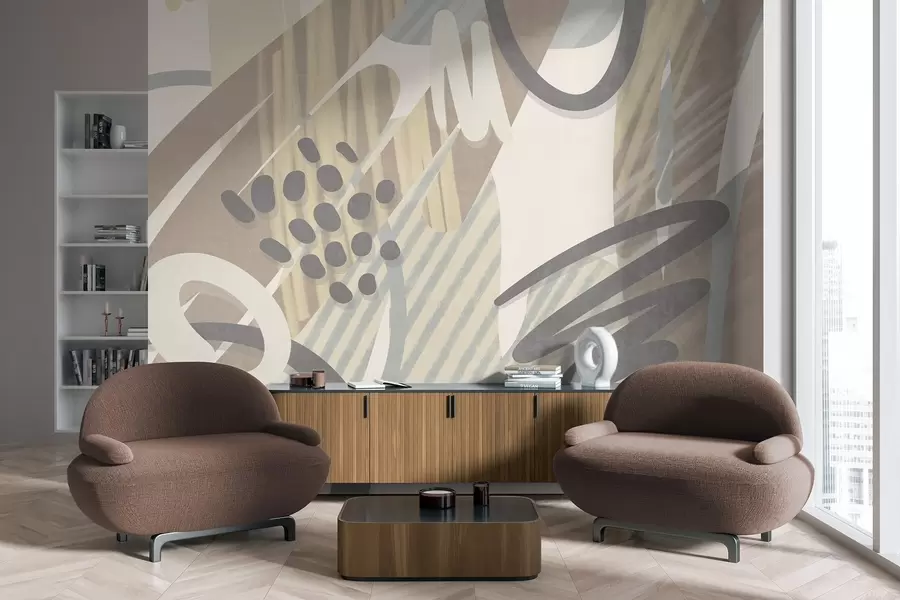 zidne murale Apstraktni teksturirani otisak s organskim oblicima, šarama i točkicama u prigušenim pastelnim bojama w09774