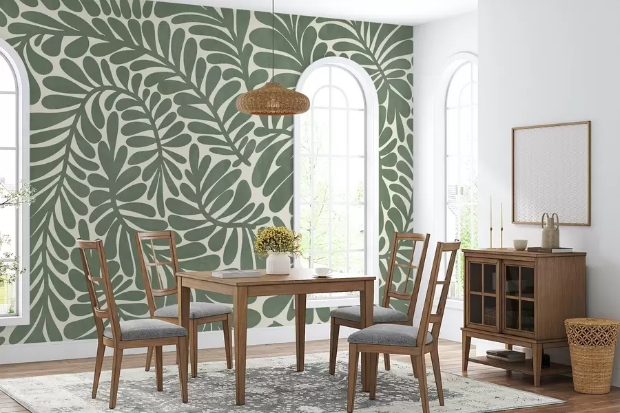 zidne murale Stilizirano zeleno lišće na svijetloj pozadini, teksturirana umjetnost w09775v2