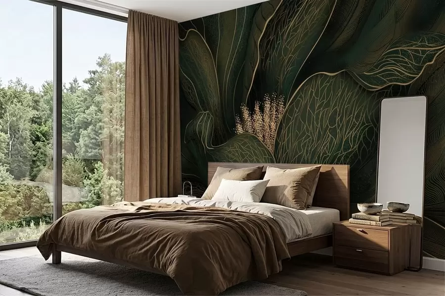 zidne murale Tamnozeleni apstraktni cvijet s finim linijskim detaljima w05119v1
