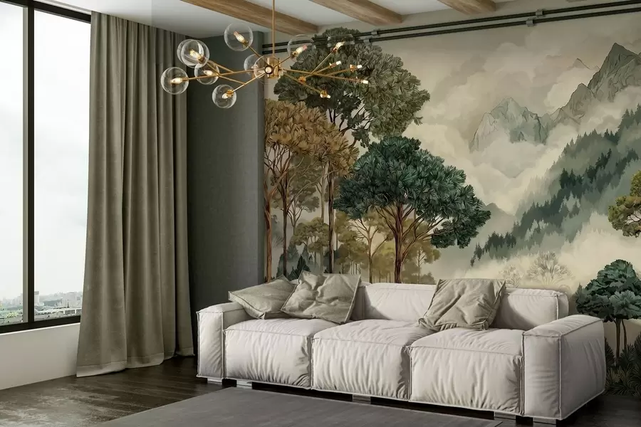 zidne murale Šuma s visokim drvećem u maglovitim planinama w05410