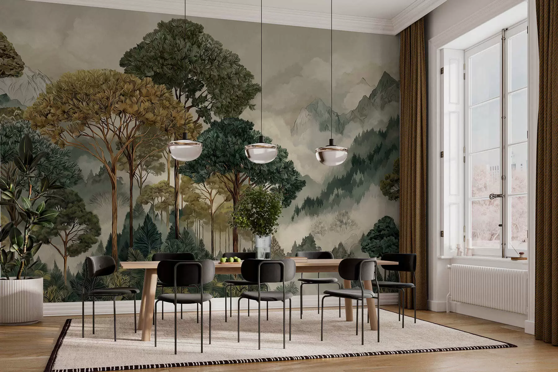 zidne murale Šuma s visokim drvećem u maglovitim planinama w05410