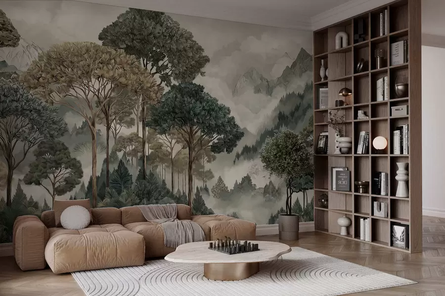 zidne murale Planinski krajolik sa šumom u mekim tonovima w05410v1