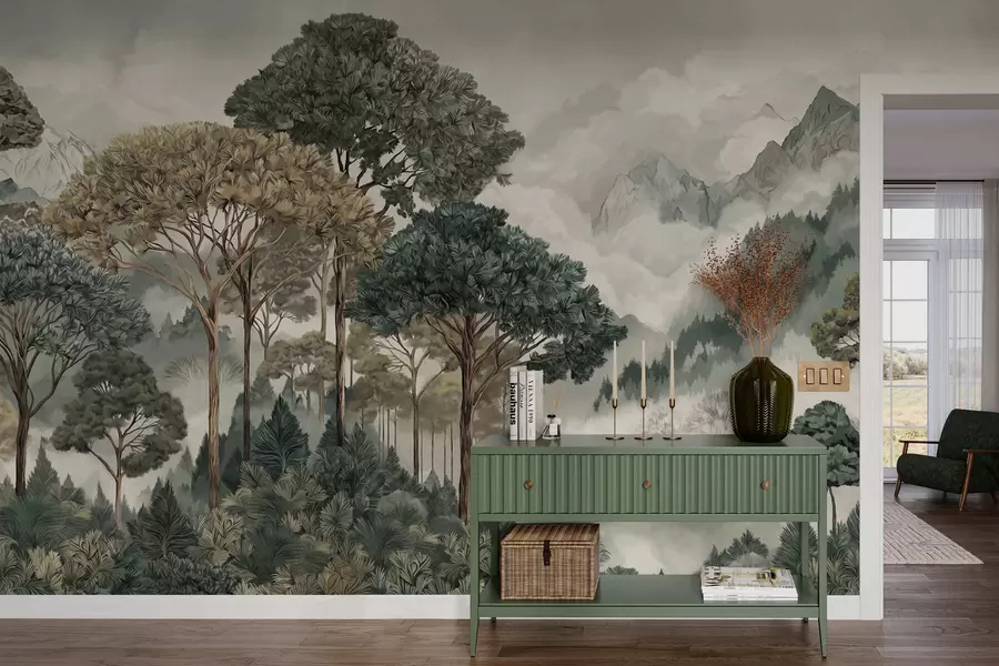 zidne murale Planinski krajolik sa šumom u mekim tonovima w05410v1
