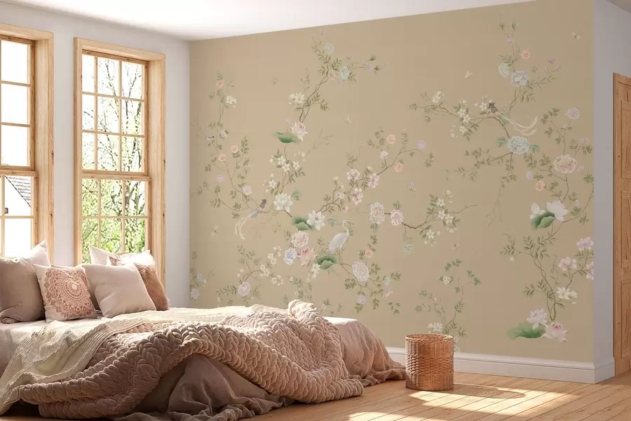 zidne murale Cvjetne grane s pticama na toploj bež boji w05416v2