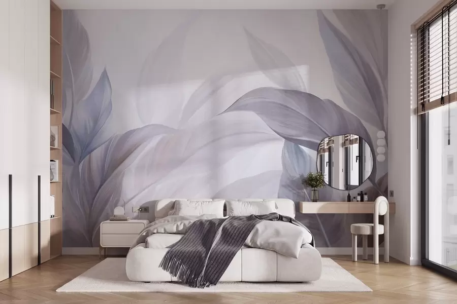zidne murale Veliki, blijedoplavi i ljubičasti tropski listovi s mekim, pastelnim bojama, teksturirana umjetnost w09816v1