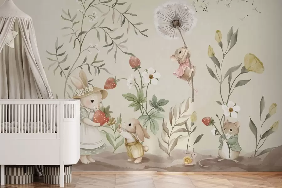 zidne murale Ilustracija zeca, miša i biljaka s jagodama w05422v2