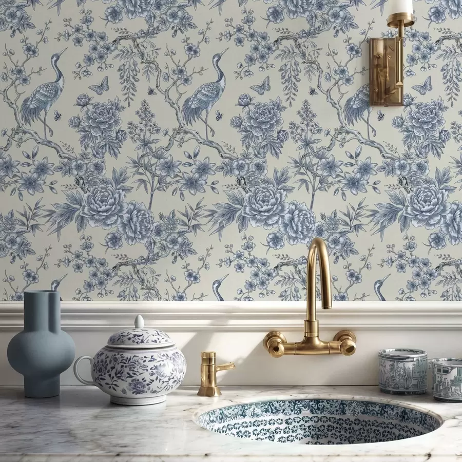 zidne murale Plavi cvjetni ornament s pticom i granama a01132