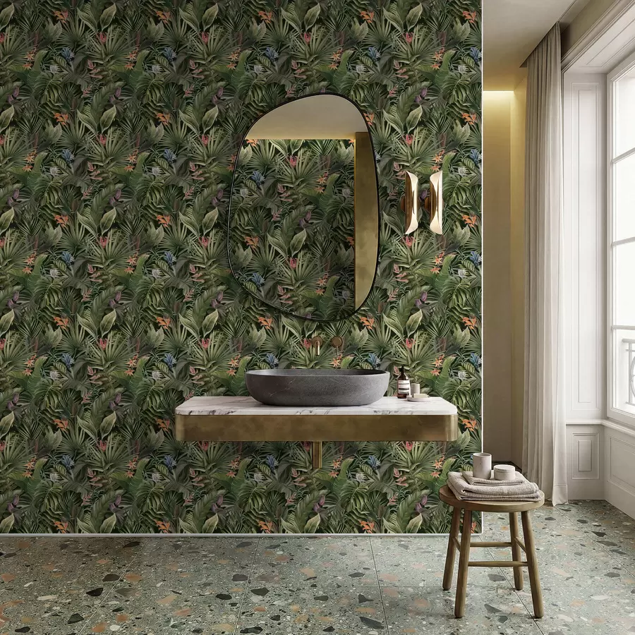 zidne murale Tropsko lišće s cvijećem na tamnoj pozadini a01153