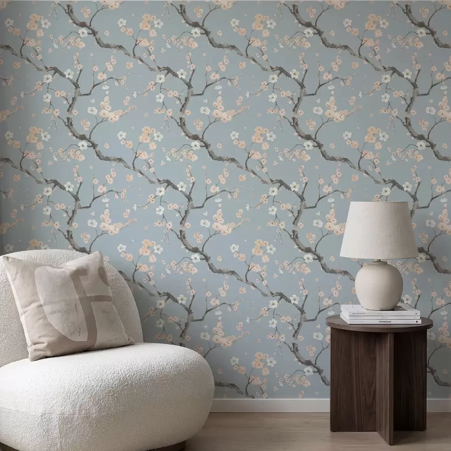 zidne murale Grane s cvjetovima na plavoj pozadini a01155