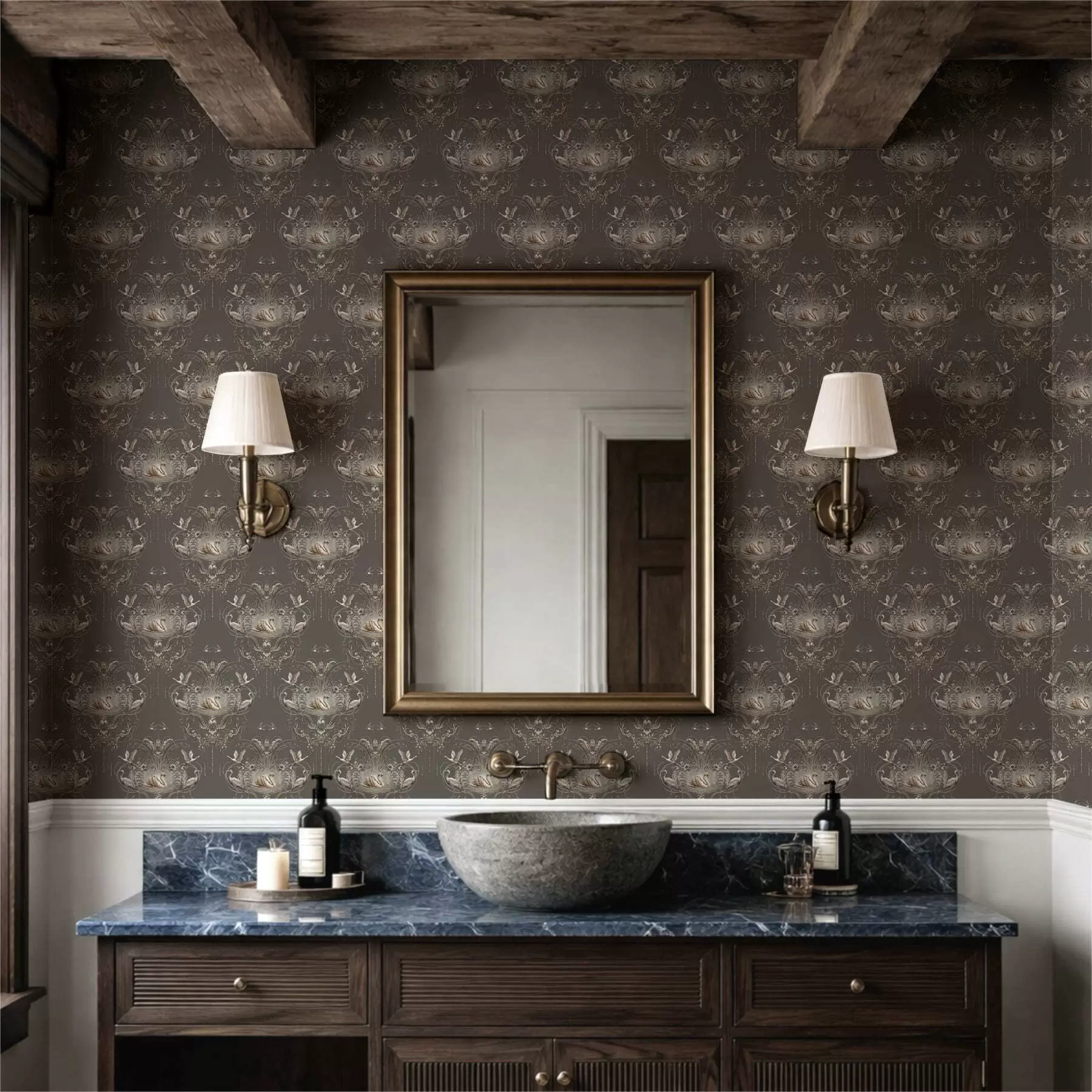 zidne murale Ukras s labudovima i pticama u klasičnom stilu a01161