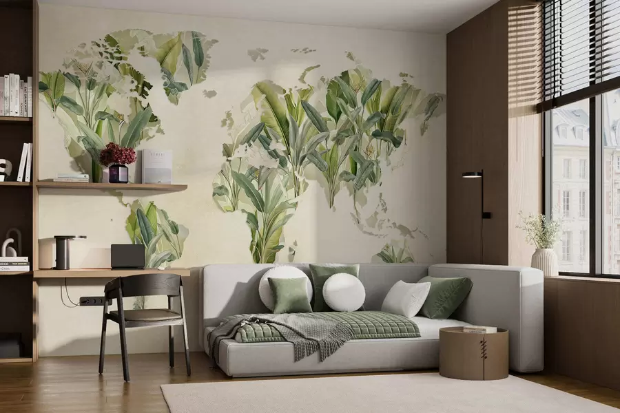 zidne murale Zelena karta svijeta napravljena od listova banane c00007