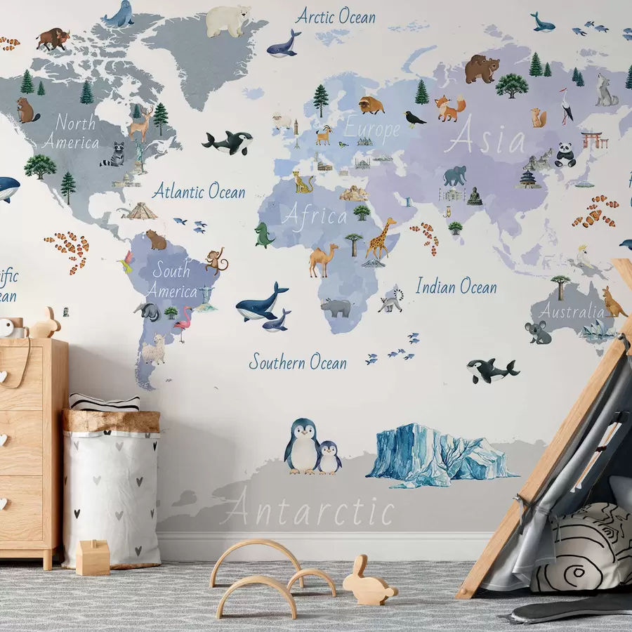 zidne murale Plava karta u akvarelu sa životinjama, biljkama i arhitekturom. Oznake na engleskom jeziku. c00009env1