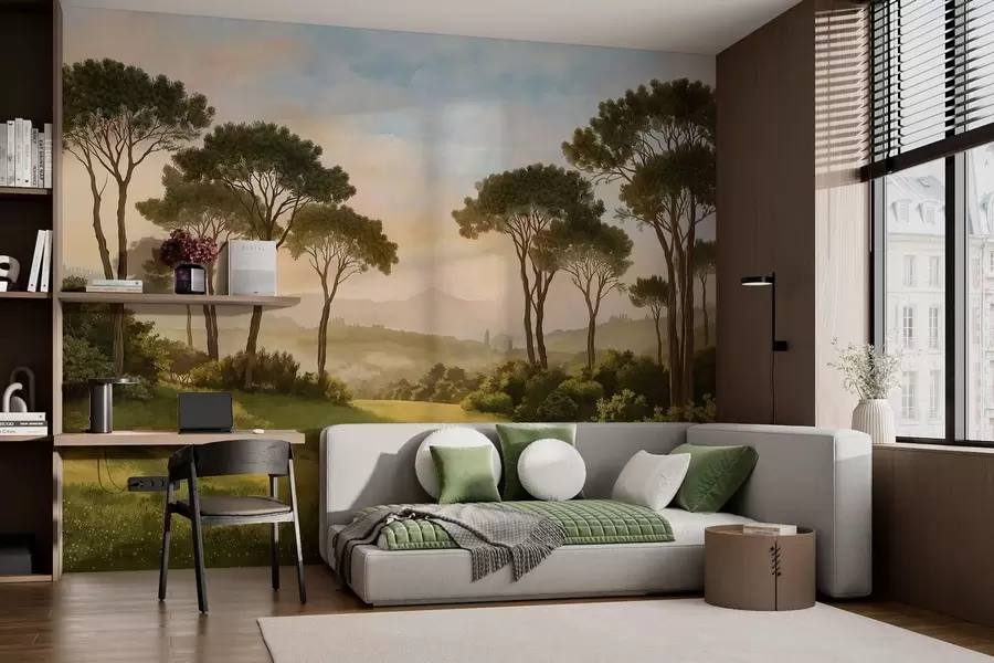 zidne murale Krajolik s drvećem u toplom svjetlu zalaska sunca w05122