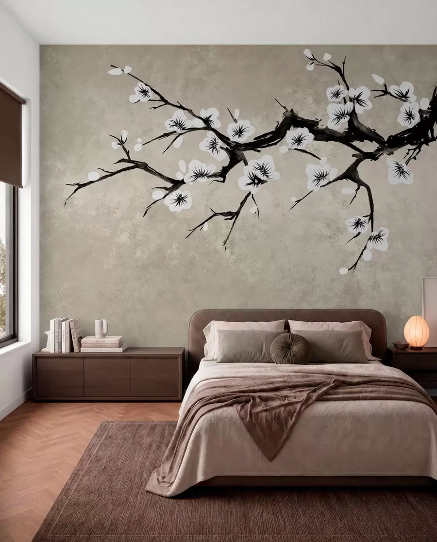 zidne murale Grana s bijelim cvjetovima u minimalističkom stilu w05425