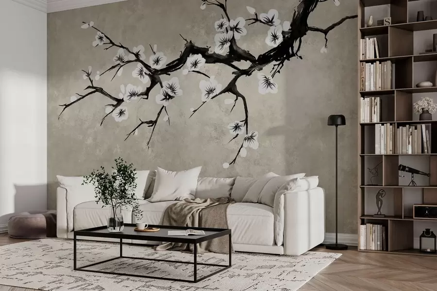 zidne murale Grana s bijelim cvjetovima u minimalističkom stilu w05425