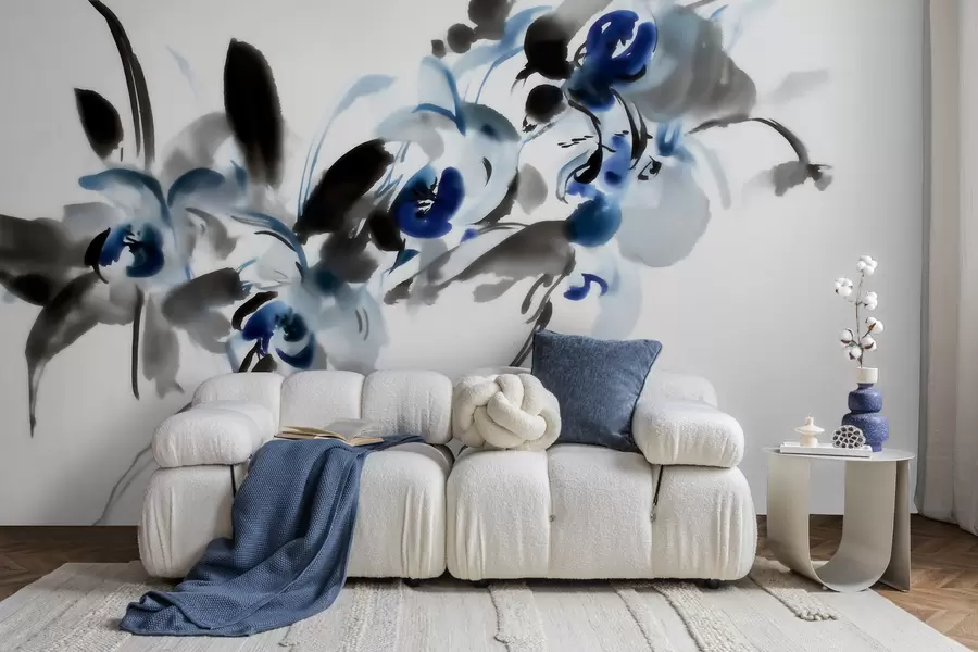 zidne murale elegantno apstraktno cvijeće u orijentalnom akvarelnom stilu s plavim i crnim naglascima, orhideje w09797