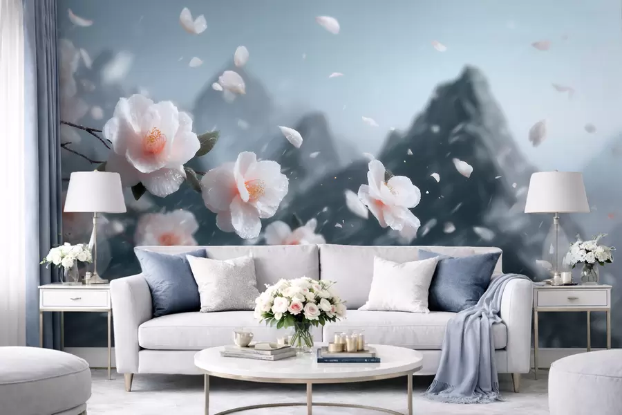 zidne murale Nježni cvjetovi trešnje na planinskoj pozadini, atmosferski japanski krajolik u pastelnim tonovima w09808