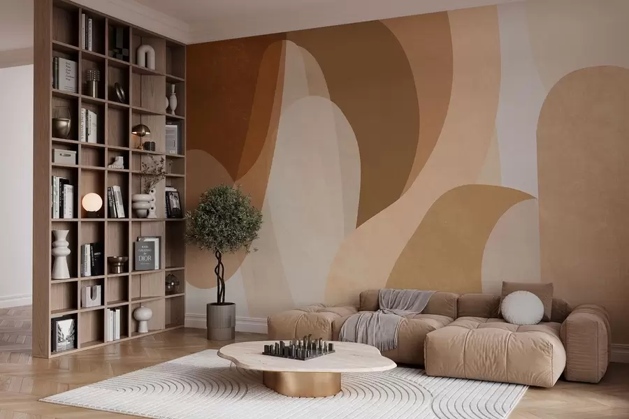 zidne murale apstraktne krivulje u smeđim, bež i kestenjastim nijansama w05387