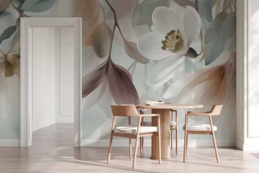 zidne murale nježna kompozicija cvijeća i lišća u pastelnim nijansama w05240
