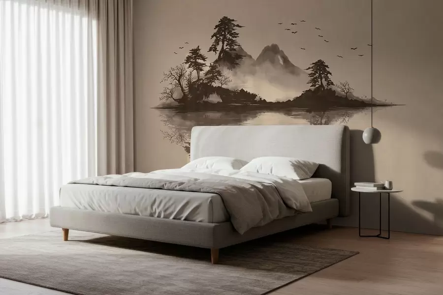 zidne murale Planinski krajolik Sumi-e s borovima i odrazom w05124