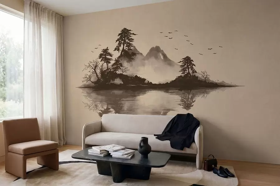 zidne murale Planinski krajolik Sumi-e s borovima i odrazom w05124