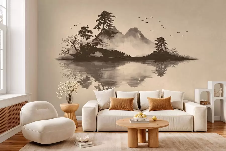 zidne murale Planinski krajolik Sumi-e s borovima i odrazom w05124