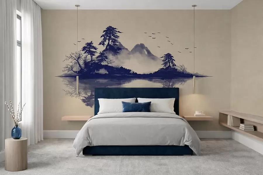 zidne murale Planinski krajolik Sumi-e u plavim tonovima w05124v2