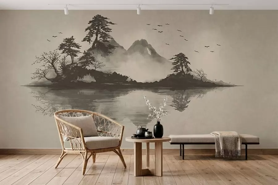 zidne murale Planinski krajolik Sumi-e u mekim sivim tonovima w05124v1